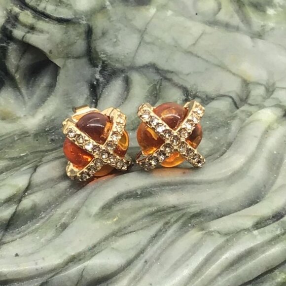 Amber Rhinestone X Stud Earrings With Gold Plated Setting For Women - Picture 5 of 7